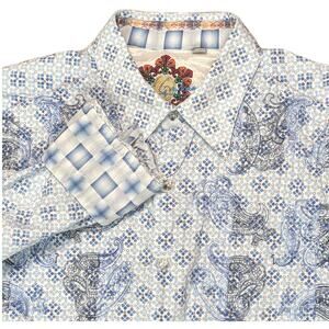 Robert Graham Wild Blue Shirt Size Large Paisley Embroidered Silk Trim Flip Cuff